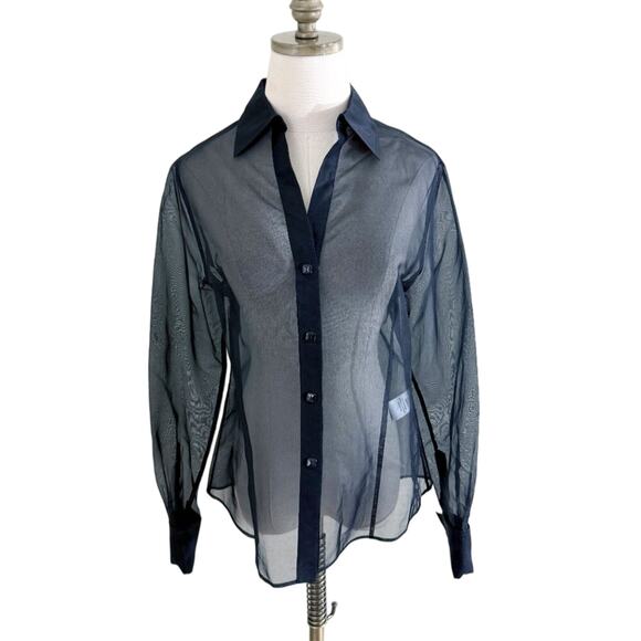 NWT Vintage 90s Casual Corner Black Sheer Mesh Button Down Top Sz 8 Long Sleeve - Picture 7 of 7